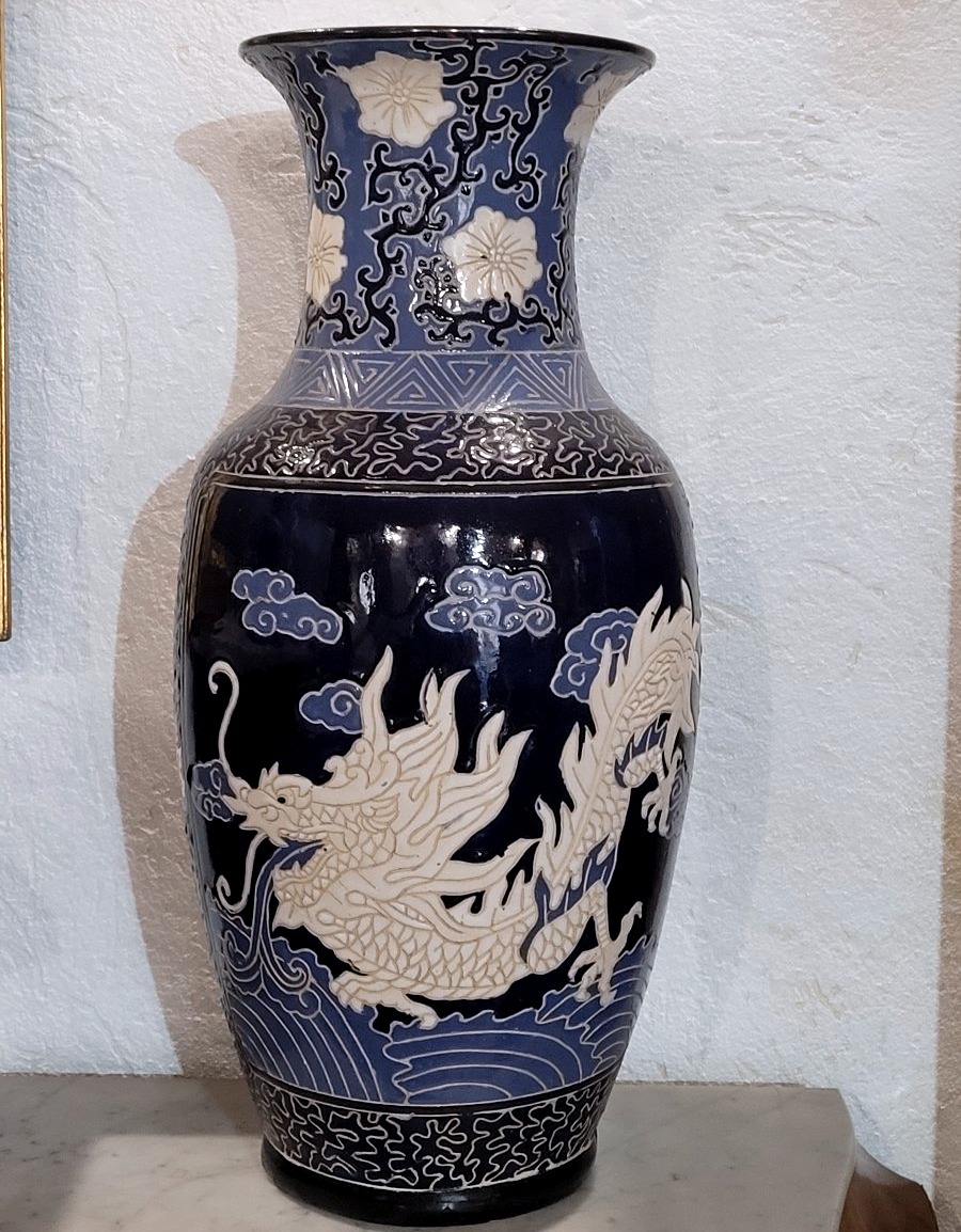 Ceramic Vase Decorated With A Dragon, Cobalt Blue Background
