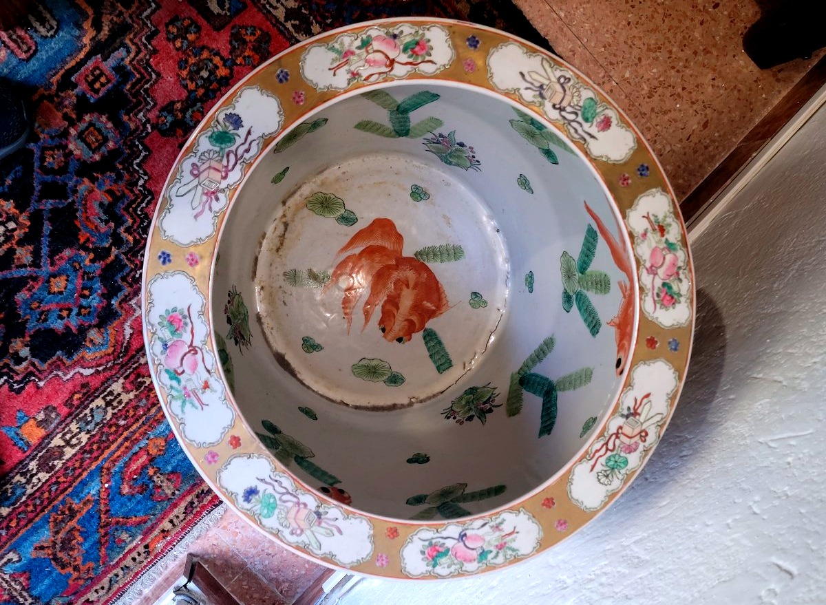 Cache-pot chinois décoré, XXe siècle, avec base en bois-photo-2