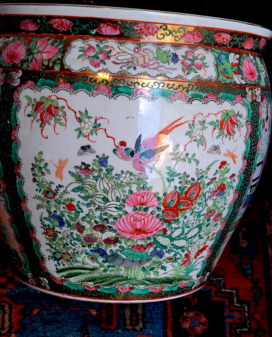 Cache-pot chinois décoré, XXe siècle, avec base en bois-photo-7