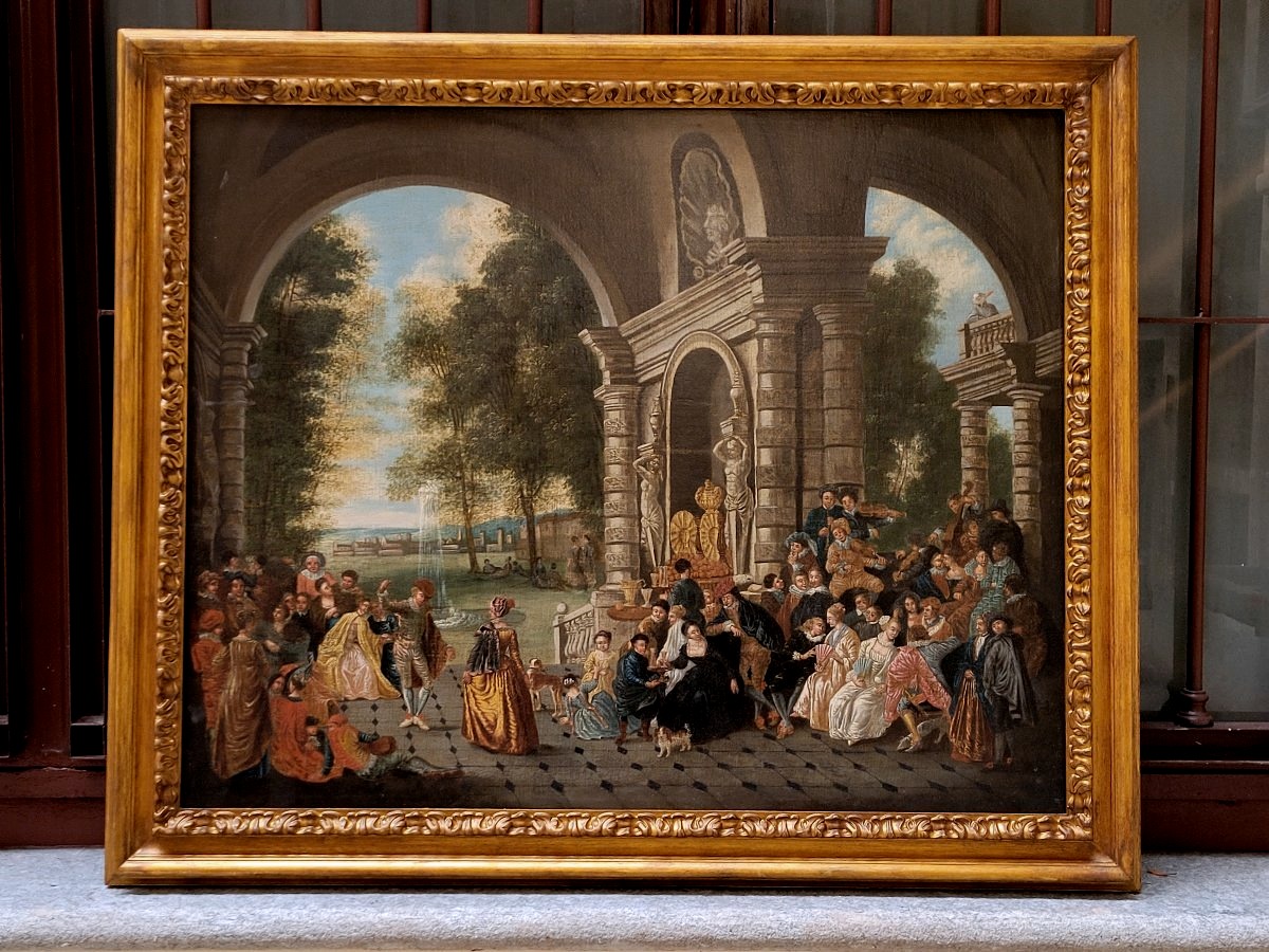 Peinture flamande/hollandaise – Garden-party galante – Huile sur toile-photo-5