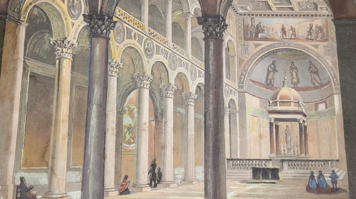 Watercolor Etching Depicting The Interior Of The Basilica Of Saint Agnes In Rome-photo-3