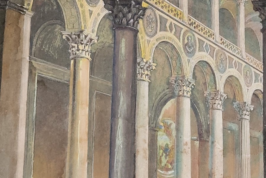 Watercolor Etching Depicting The Interior Of The Basilica Of Saint Agnes In Rome-photo-2