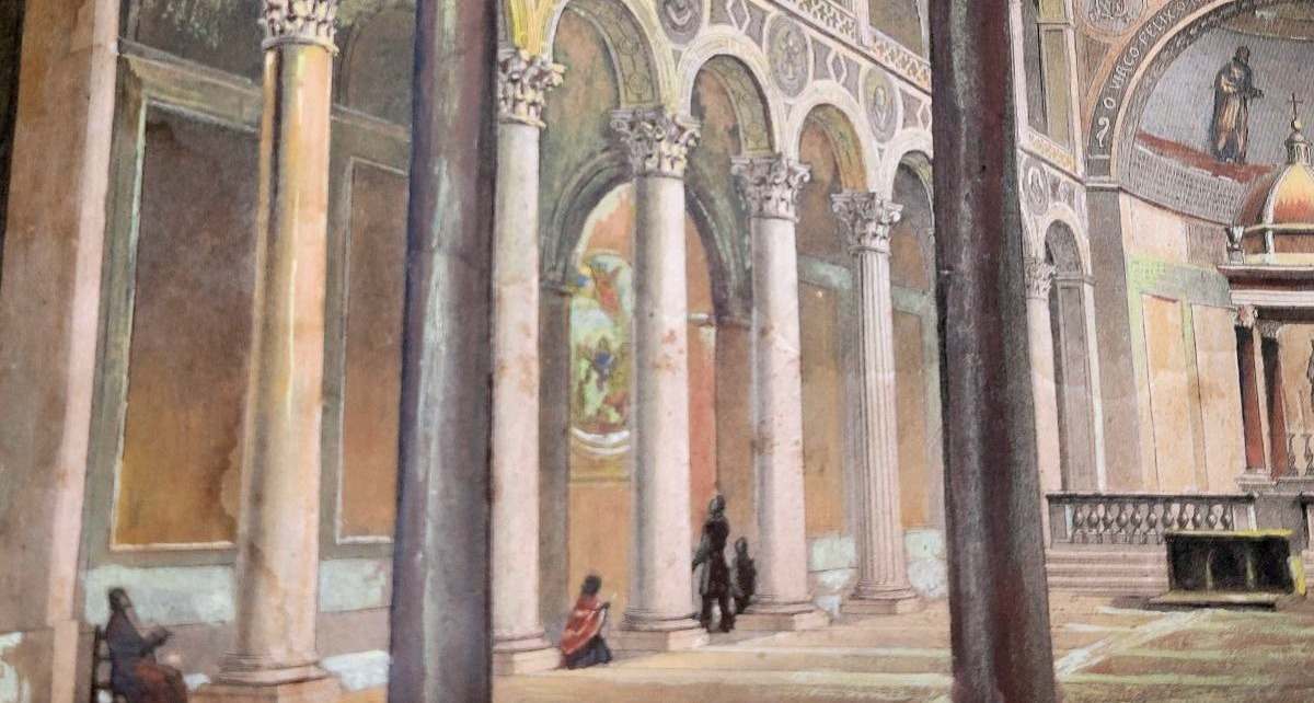 Watercolor Etching Depicting The Interior Of The Basilica Of Saint Agnes In Rome-photo-3