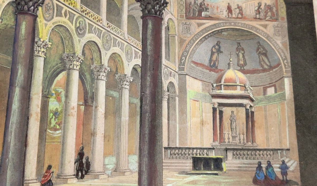 Watercolor Etching Depicting The Interior Of The Basilica Of Saint Agnes In Rome-photo-4
