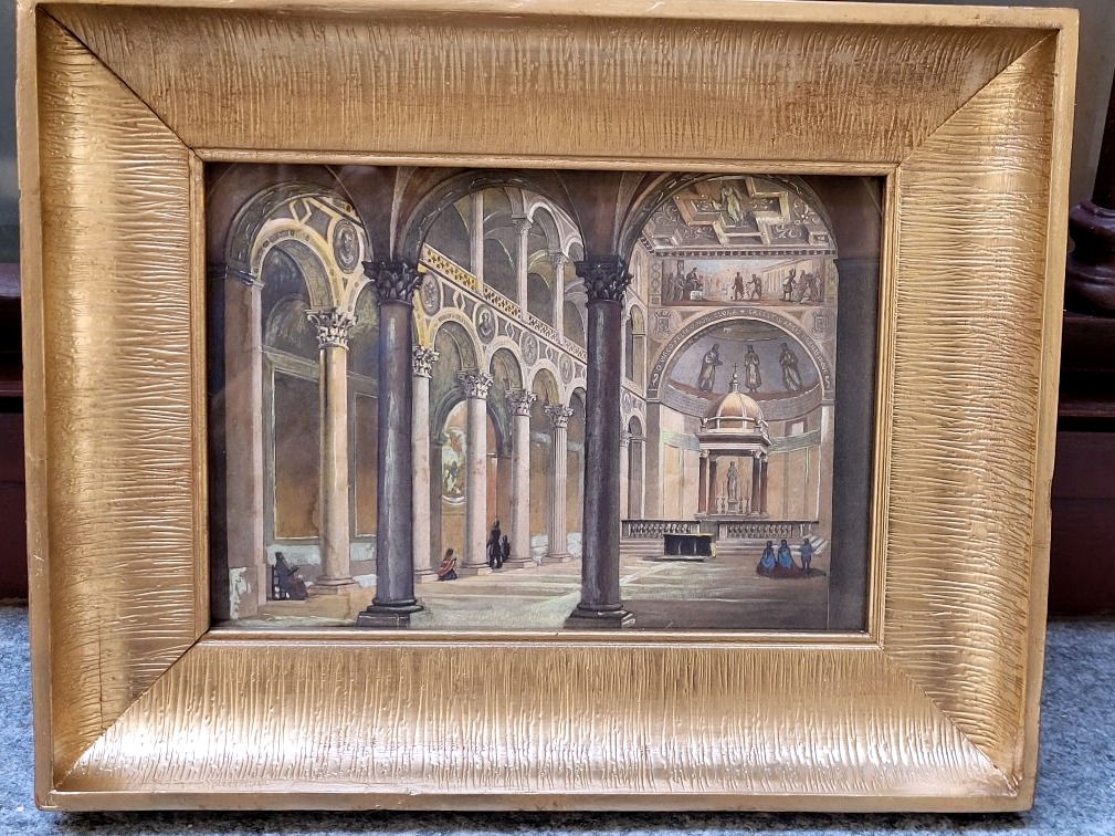 Watercolor Etching Depicting The Interior Of The Basilica Of Saint Agnes In Rome-photo-7