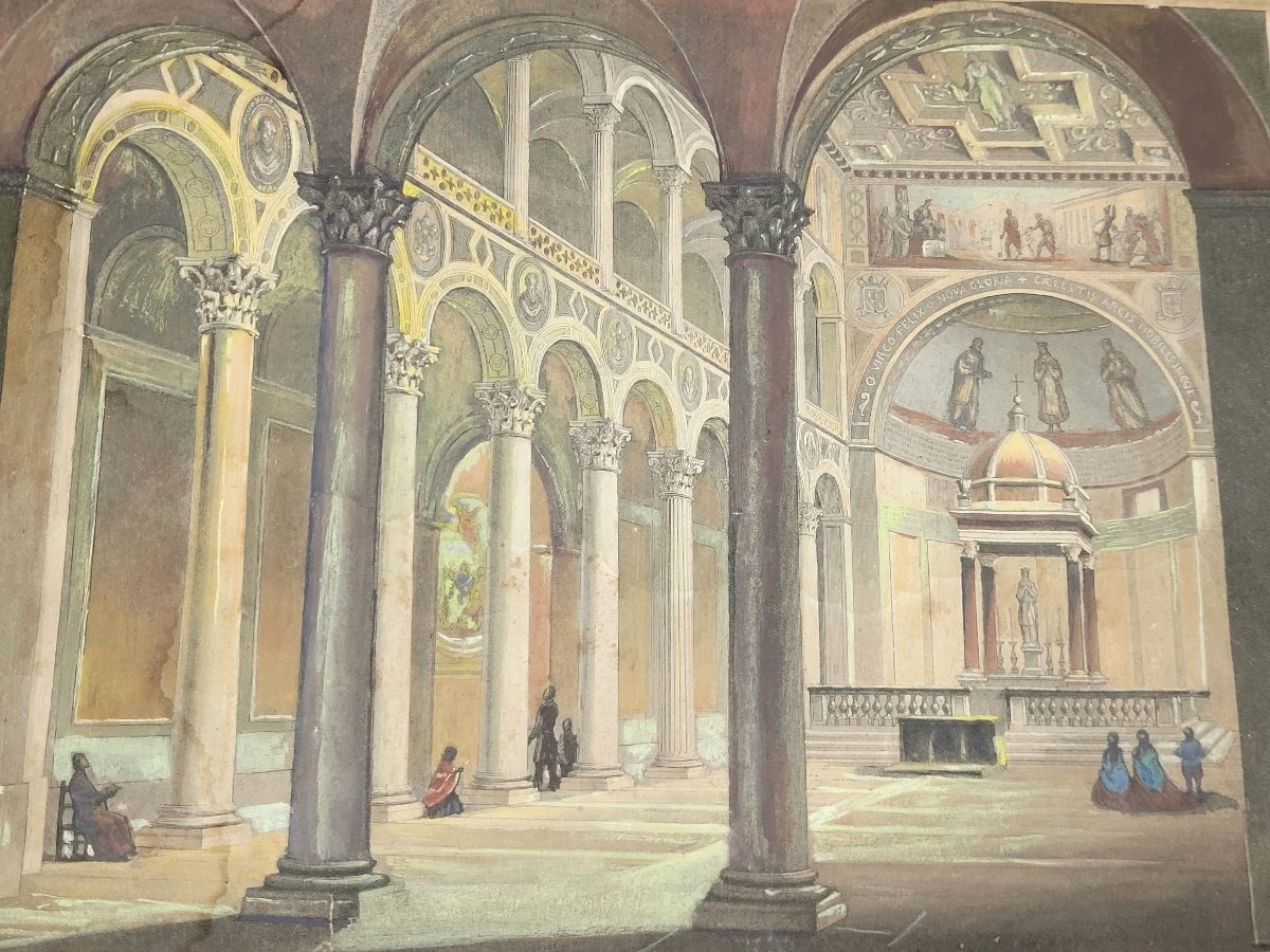 Watercolor Etching Depicting The Interior Of The Basilica Of Saint Agnes In Rome
