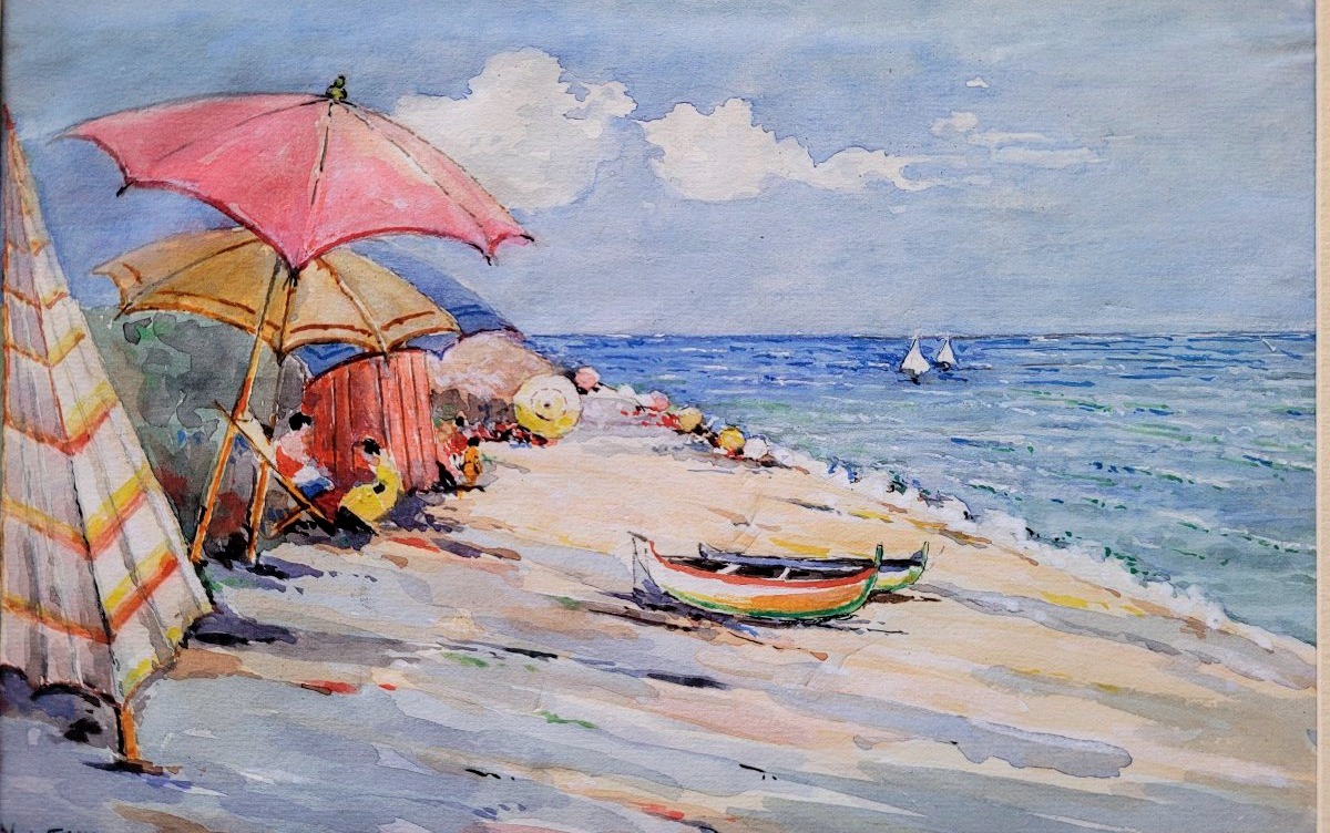 Watercolor Painting On Paper Depicting The Beach At Varigotti-photo-2