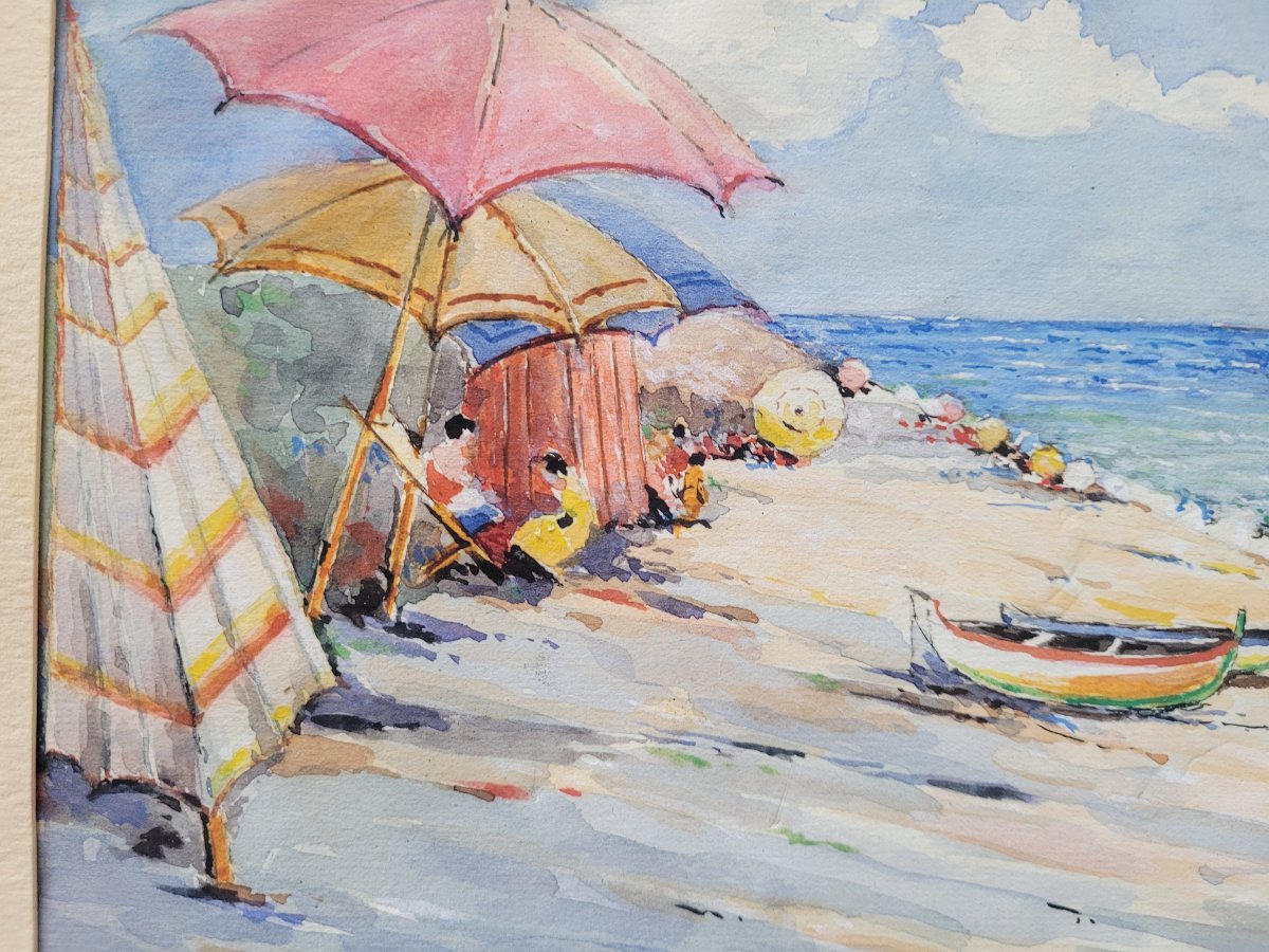 Watercolor Painting On Paper Depicting The Beach At Varigotti-photo-1