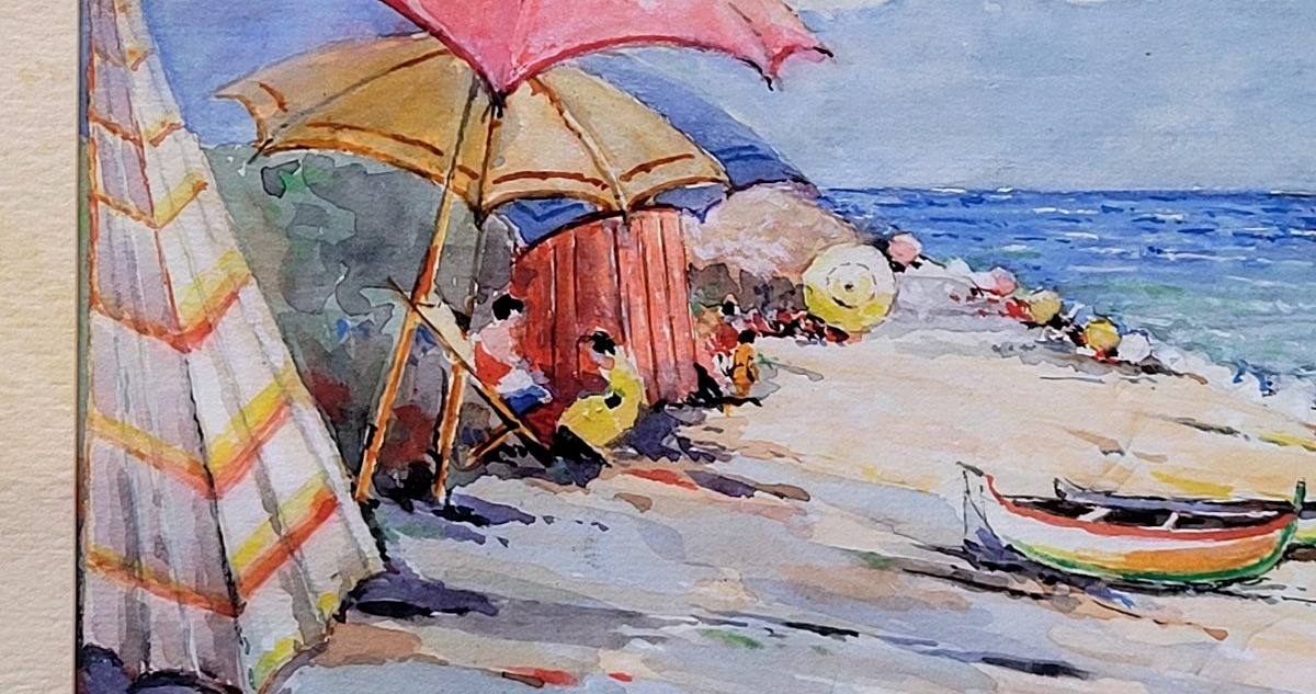 Watercolor Painting On Paper Depicting The Beach At Varigotti-photo-2