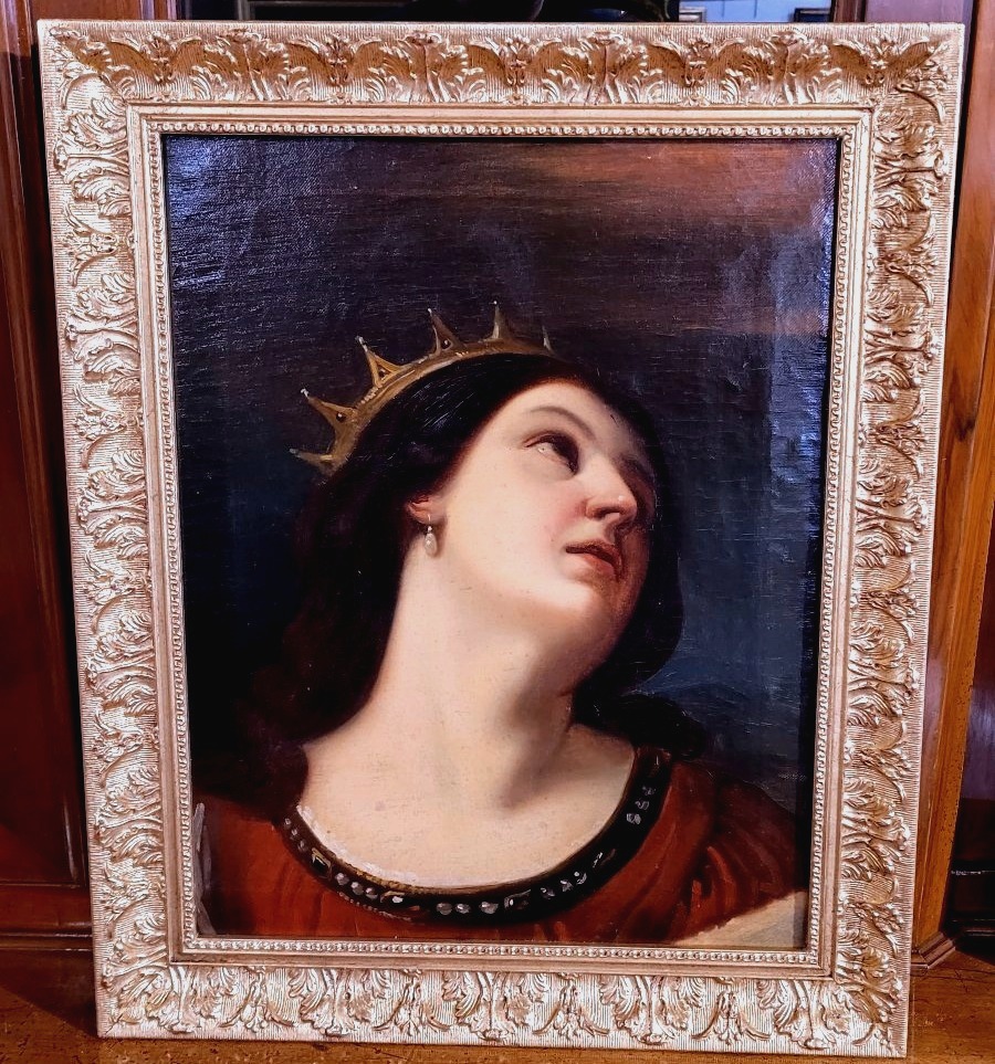  An Antique Oil Painting On Canvas Depicting Saint Catherine Of Alexandria