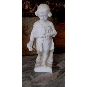 Ancient White Marble Sculpture Depicting A Little Girl With Flowers In Her Hand