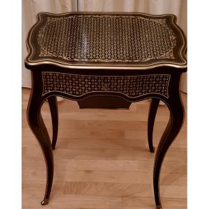 Antique Napoleon III Coffee Table, In Ebony, Rosewood, Chiseled Brass Inlays, Ocean Mother 