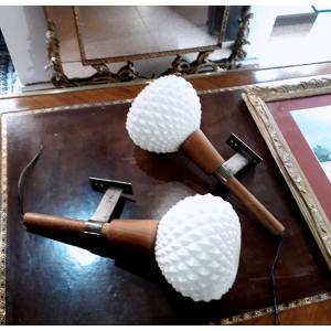2 Art Deco Wall Lights In Glass And Wood, In The Shape Of A Torch.