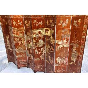 This 8-panel Chinese Coromandel Lacquer Screen Uses The Kuncai Techniquue