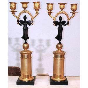 Two Antique Three-light Candlesticks In 18kt Gilded Bronze, French Empire