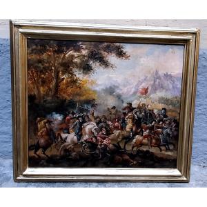 Huile sur panneau représentant une bataille, XIXe siècle, austro-allemande.  