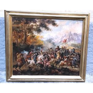 Oil Painting On Panel Depicting A Battle, 19th Century, Austro-german.