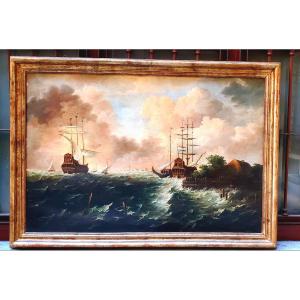 Oil Painting On Canvas Depicting A Seascape With Sailing Ships In A Storm