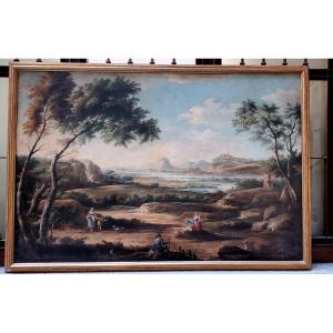 Huile sur toile représentant un paysage avec personnages et vue sur une rivière