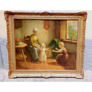 Oil On Canvas Depicting A Mother With Children. Artist: Louis Soonius (1883-1956)