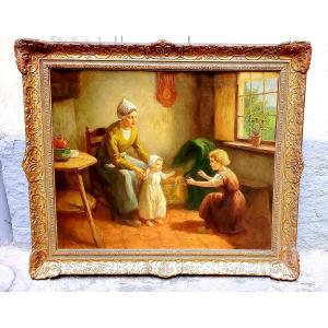 Oil On Canvas Depicting A Mother With Children. Artist: Louis Soonius (1883-1956)