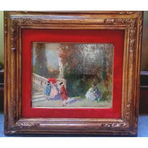 Oil Painting Depicting Elegant Figures Strolling In A Park