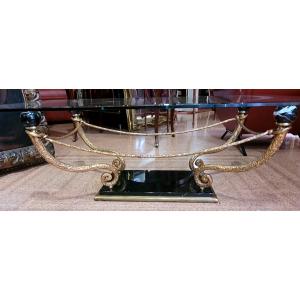 Table basse en bronze doré, marbre et cristal 