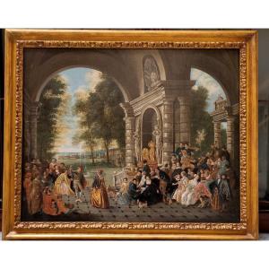 Flemish/dutch Painting – A Gallant Gathering In The Garden – Oil On Canvas