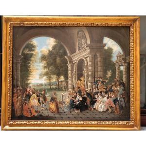 Flemish/dutch Painting – A Gallant Gathering In The Garden – Oil On Canvas