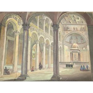 Watercolor Etching Depicting The Interior Of The Basilica Of Saint Agnes In Rome