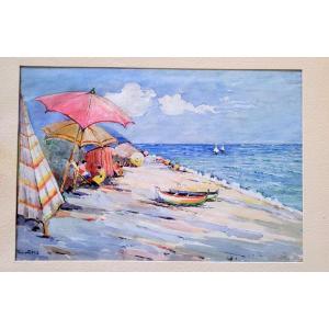 Watercolor Painting On Paper Depicting The Beach At Varigotti