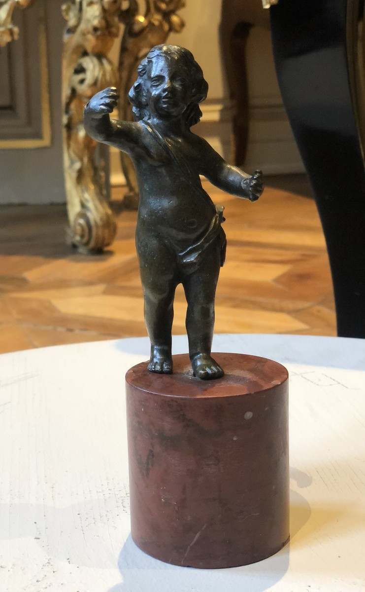 Small Bronze Statuette Of A Child On A Red Marble Base-photo-4