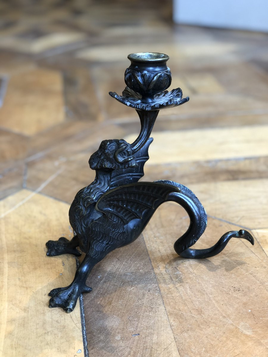 Pair Of 19th Century Griffin Candelabra In Patinated Bronze-photo-2