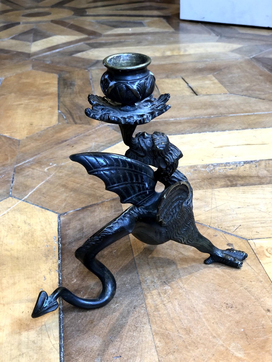 Pair Of 19th Century Griffin Candelabra In Patinated Bronze-photo-4