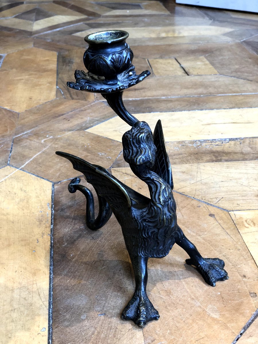 Pair Of 19th Century Griffin Candelabra In Patinated Bronze-photo-2