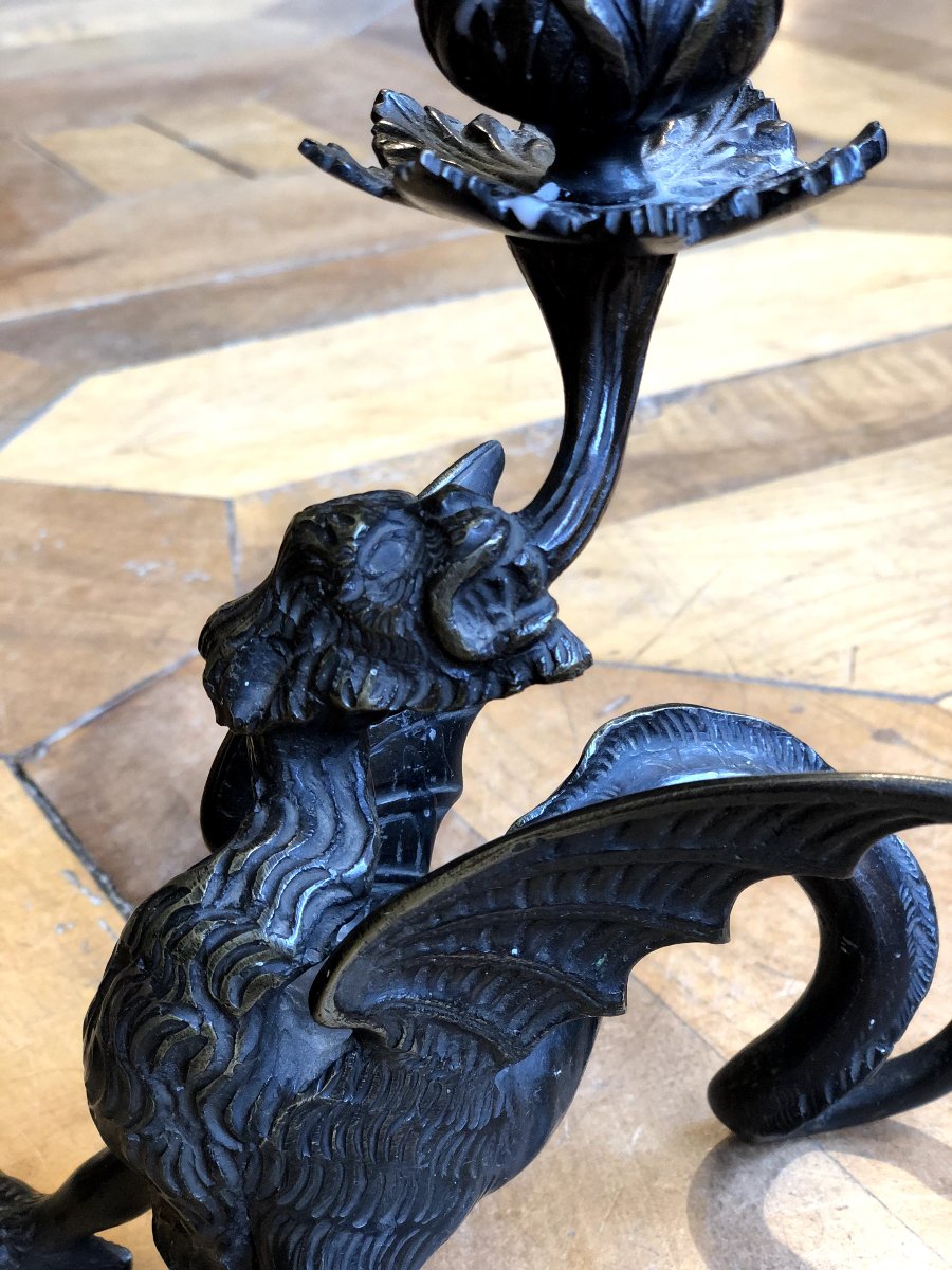 Pair Of 19th Century Griffin Candelabra In Patinated Bronze-photo-3
