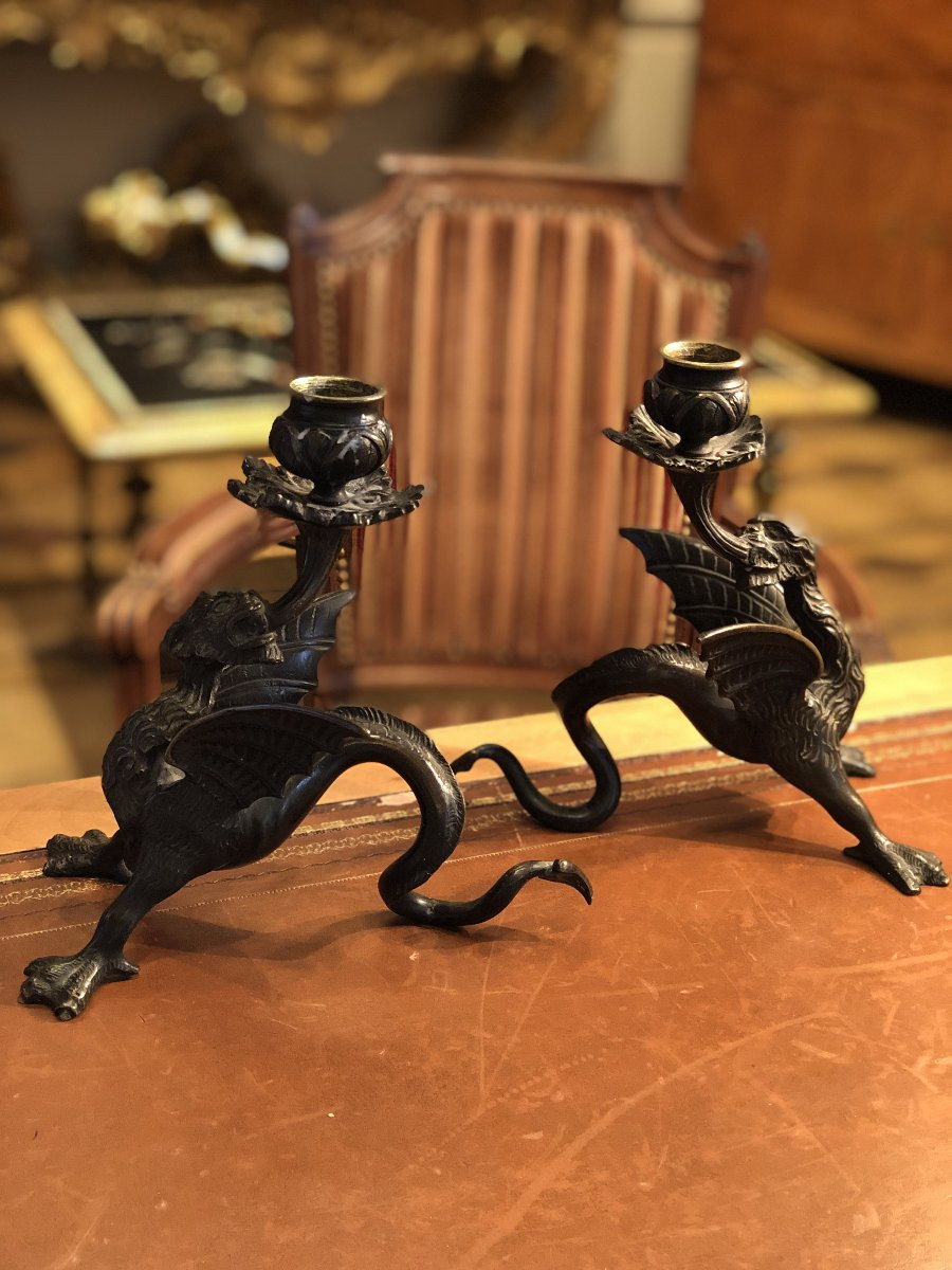 Pair Of 19th Century Griffin Candelabra In Patinated Bronze-photo-5