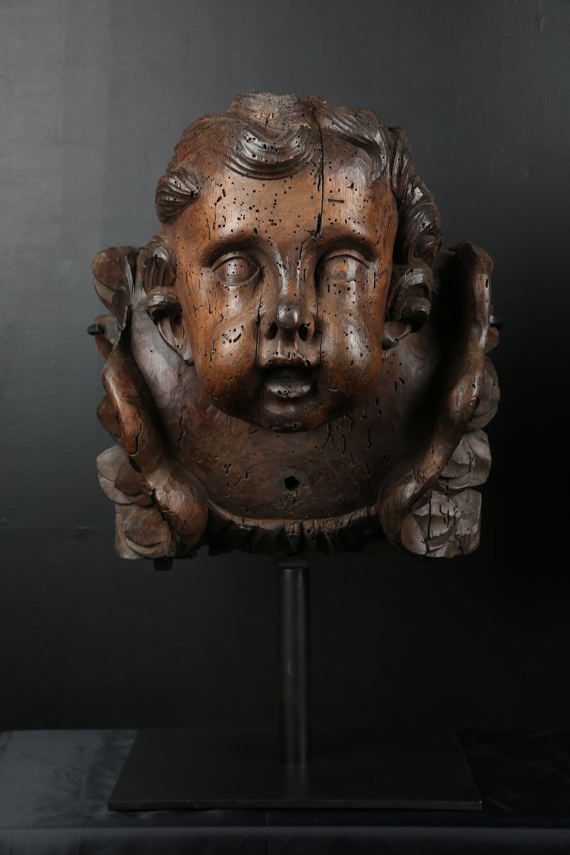 Paire de têtes d'anges en bois sculpté - Flandres 17e siècle-photo-2