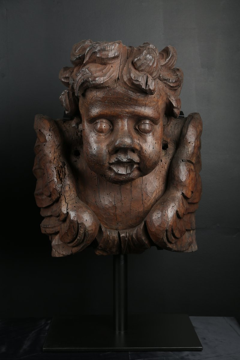 Paire de têtes d'anges en bois sculpté - Flandres 17e siècle-photo-3