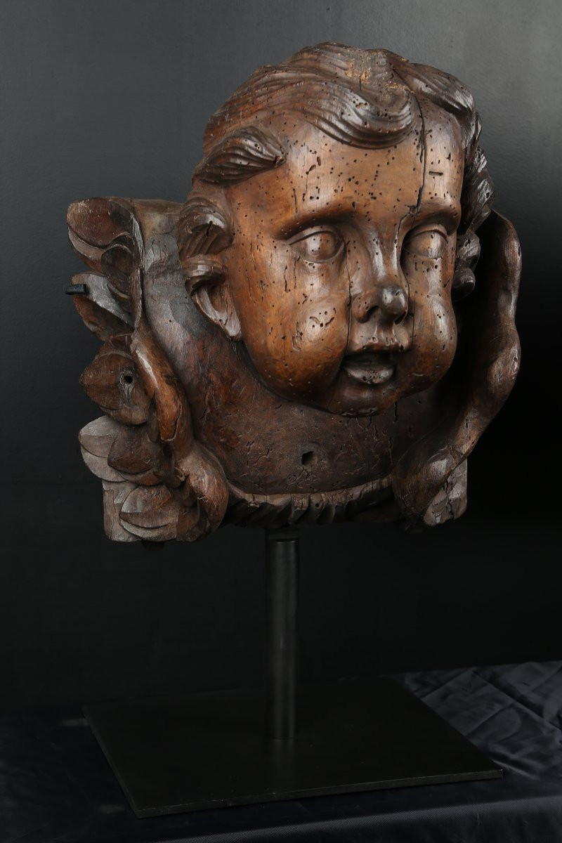 Paire de têtes d'anges en bois sculpté - Flandres 17e siècle-photo-4