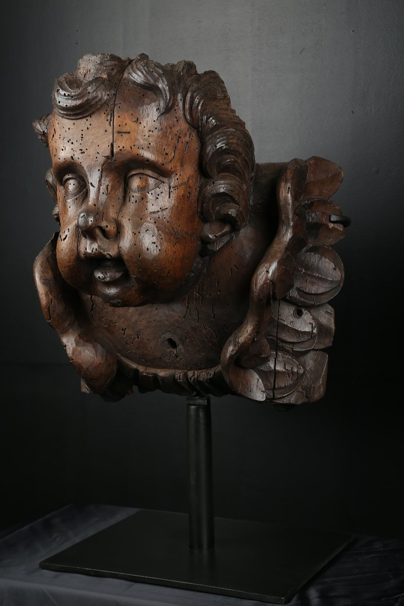Paire de têtes d'anges en bois sculpté - Flandres 17e siècle-photo-1