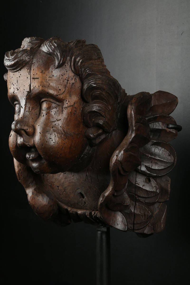 Paire de têtes d'anges en bois sculpté - Flandres 17e siècle-photo-2
