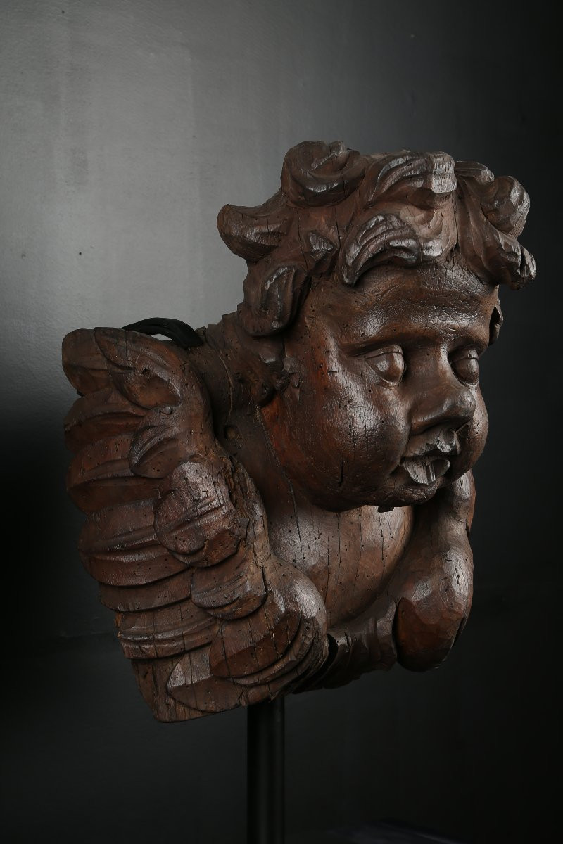 Paire de têtes d'anges en bois sculpté - Flandres 17e siècle-photo-3
