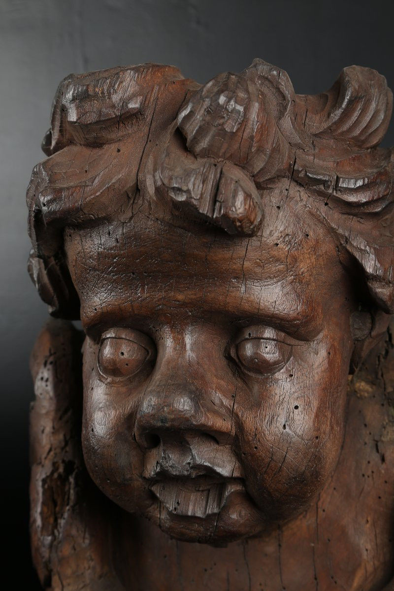 Paire de têtes d'anges en bois sculpté - Flandres 17e siècle-photo-6