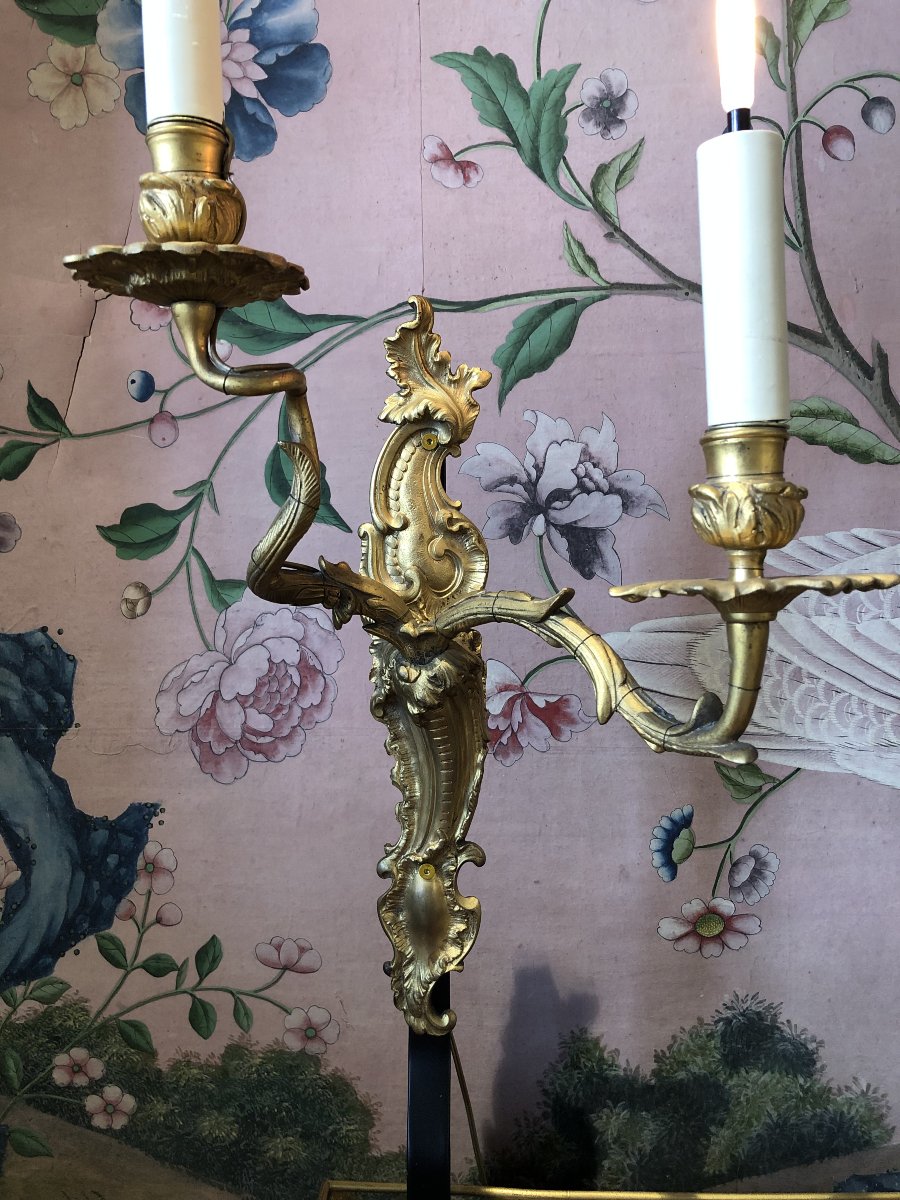 Paire d'appliques en bronze doré XVIIIe montées sur socle-photo-3