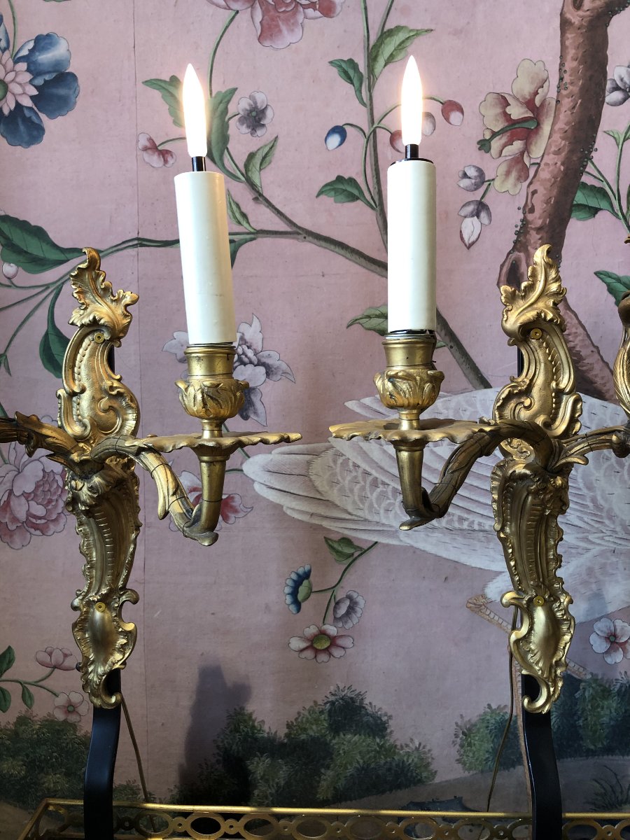 Paire d'appliques en bronze doré XVIIIe montées sur socle-photo-2