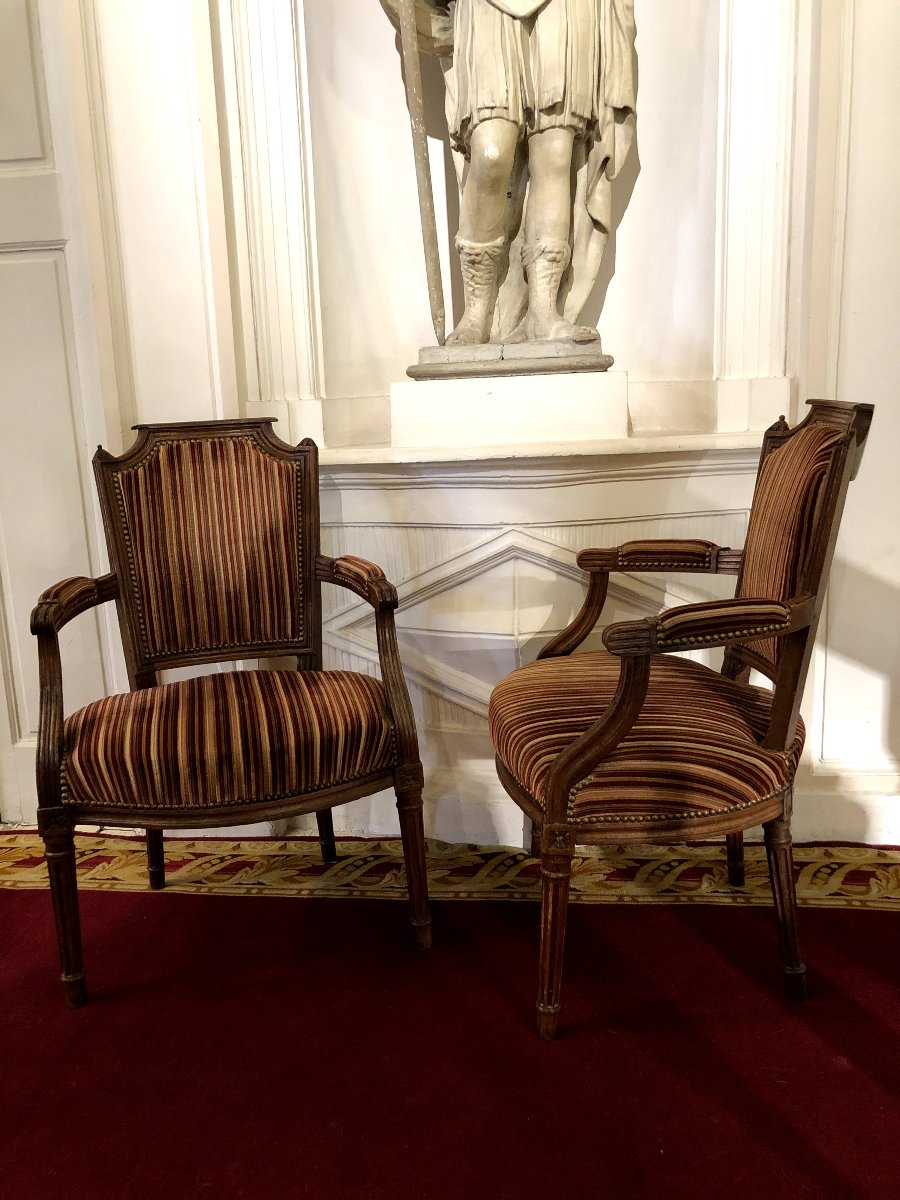 Paire de cabriolets Louis XVI tissu rayé bois naturel-photo-3