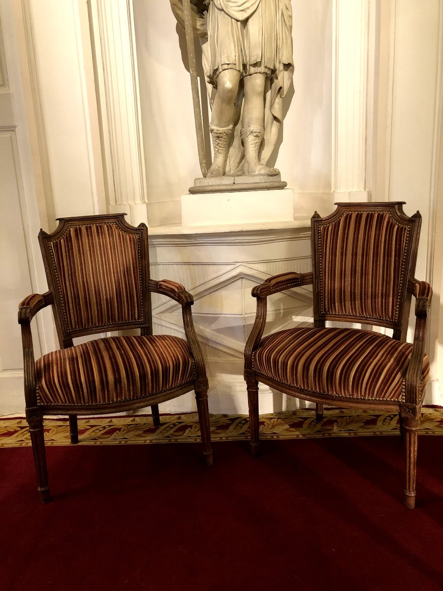 Paire de cabriolets Louis XVI tissu rayé bois naturel-photo-4