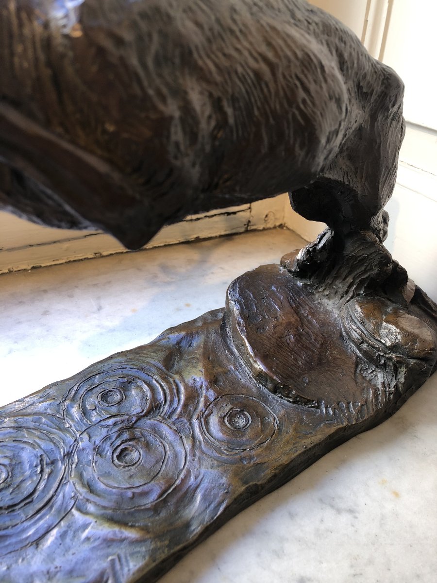 Bronze de cerf sautant au dessus de l'eau - Patrick Allain (1953-)-photo-2