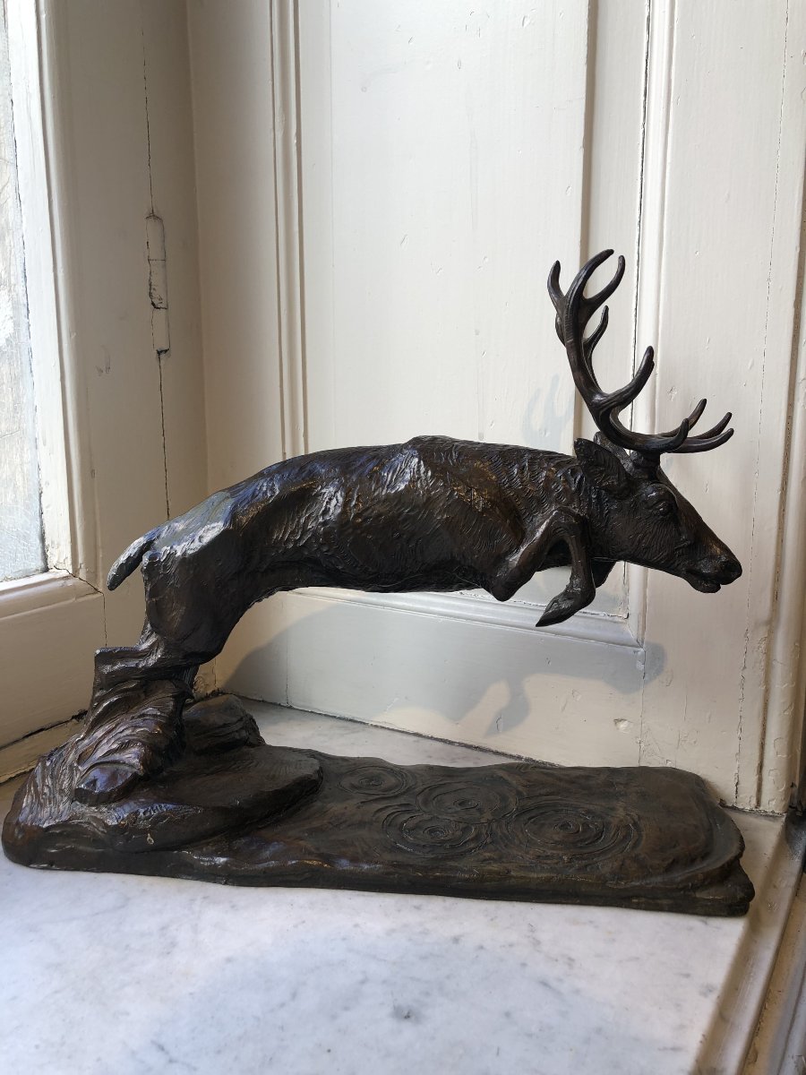 Bronze de cerf sautant au dessus de l'eau - Patrick Allain (1953-)
